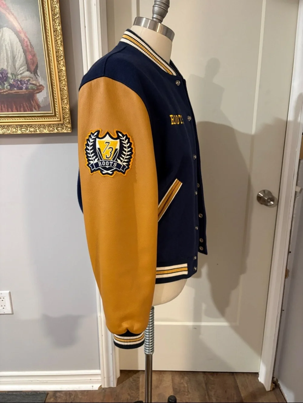 Roots Navy and Mustard Letterman Jacket  leather sleeves. - Picture 4 of 11